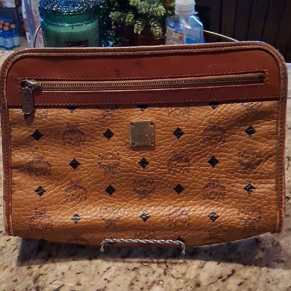 MCM Cognac Tan Logo Zip Wristlet Clutch